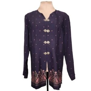 Vintage 90s Willow Ridge Paisley Border Blouse Jacket Navy Rayon‎ Acetate 12P